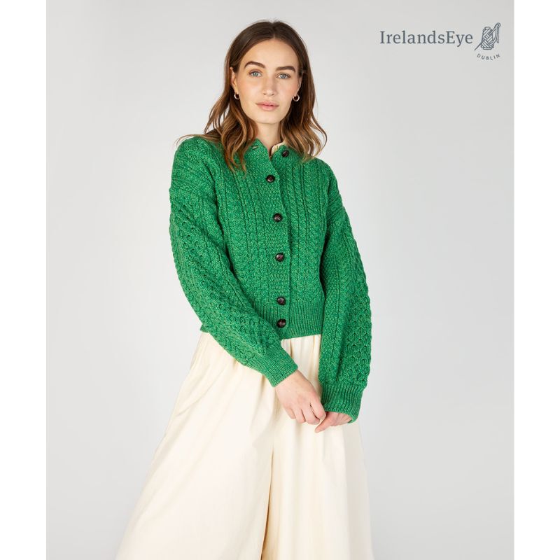 IrelandsEye Knitwear Clover Cropped Aran Cardigan Green